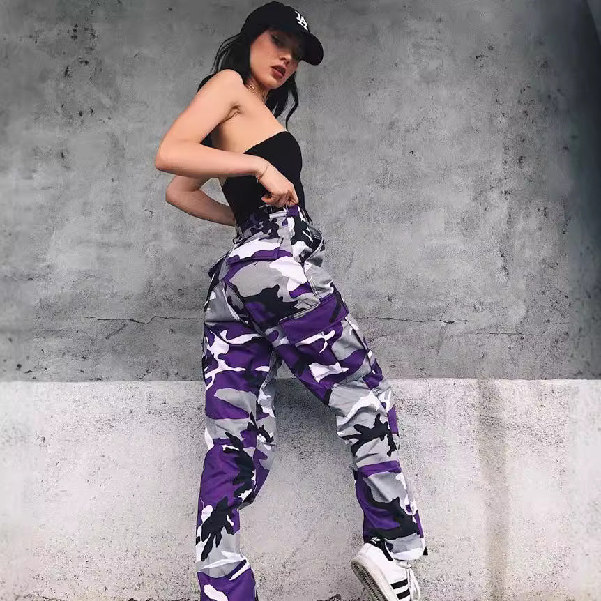 Women's Cargo Jogging Pants with Camouflage Pattern and Elastic Cuffs Mune Fashion