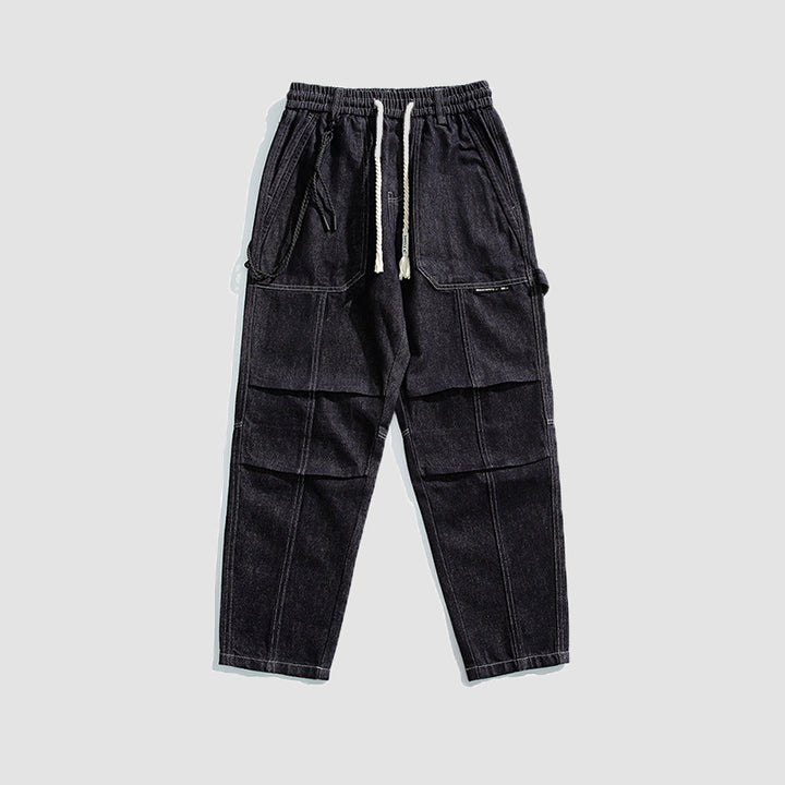 Men's Relaxed Denim Cargo Pants with Elastic Waistband and Reinforced Knee Panels Mune Fashion