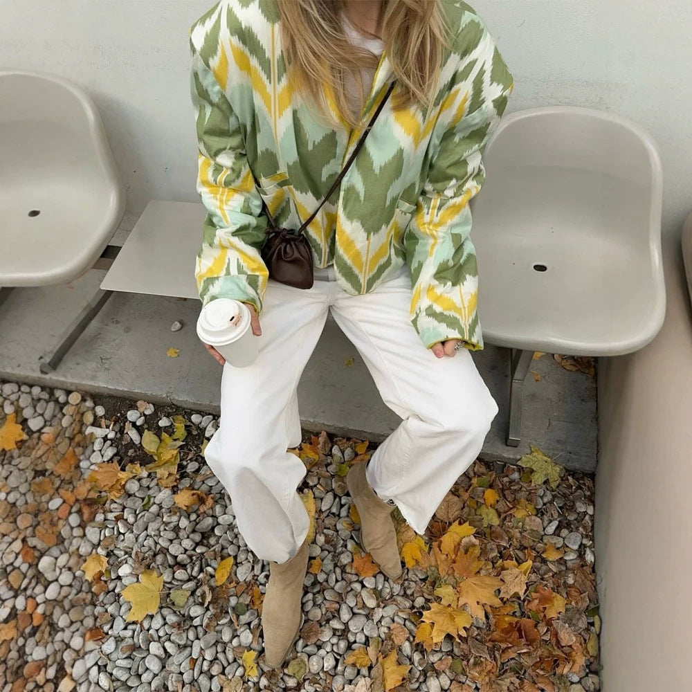 Women’s short jacket with Ikat pattern, boxy silhouette, and light cotton blend Mune Fashion