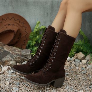 Women Elegant Lace-Up Boots in Suede Look with Mid-High Shaft and Comfortable Block Heel Mune Fashion