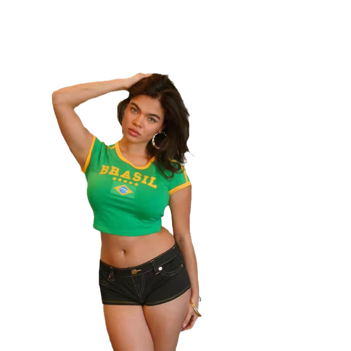Women's short Ringer crop shirt with Brazil print and elastic cuffs Mune Fashion