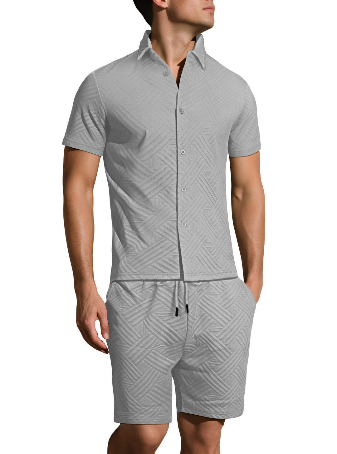 Men's lightweight short-sleeve shirt and Bermuda two-piece set with embossed woven texture and drawstring waistband Mune Fashion