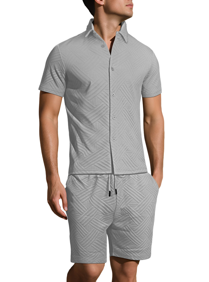 Men's lightweight short-sleeve shirt and Bermuda two-piece set with embossed woven texture and drawstring waistband Mune Fashion
