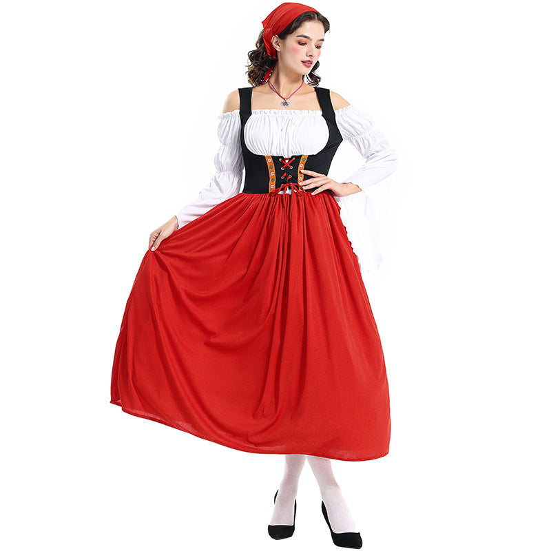Ladies' Renaissance peasant dress with laced bodice, off-the-shoulder Carmen top, and wide skirt Mune Fashion