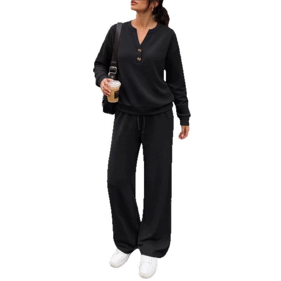 Ladies Lounge Set with Henley Collar and Palazzo Wide Jogging Pants Mune Fashion