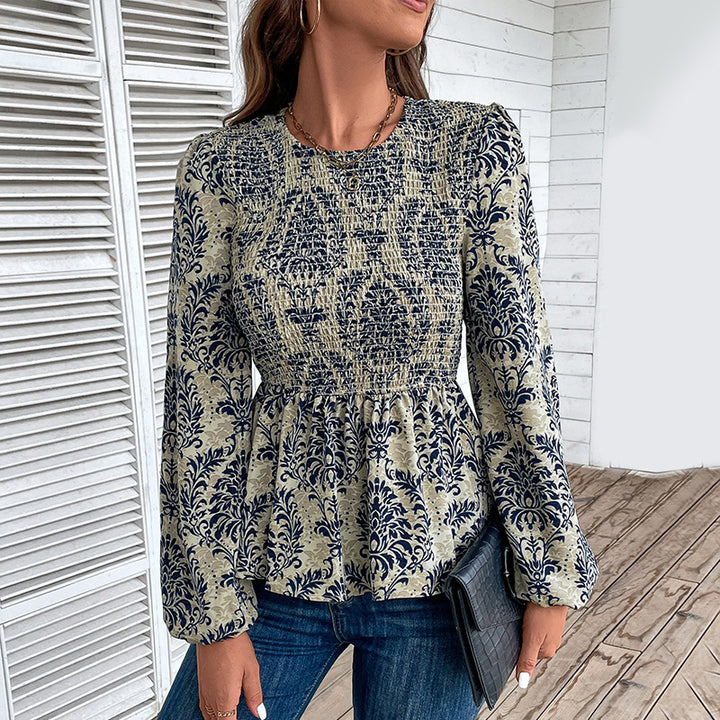 Women's Gathered Smock Blouse Shirt with Peplum and Voluminous Puff Sleeves Mune Fashion
