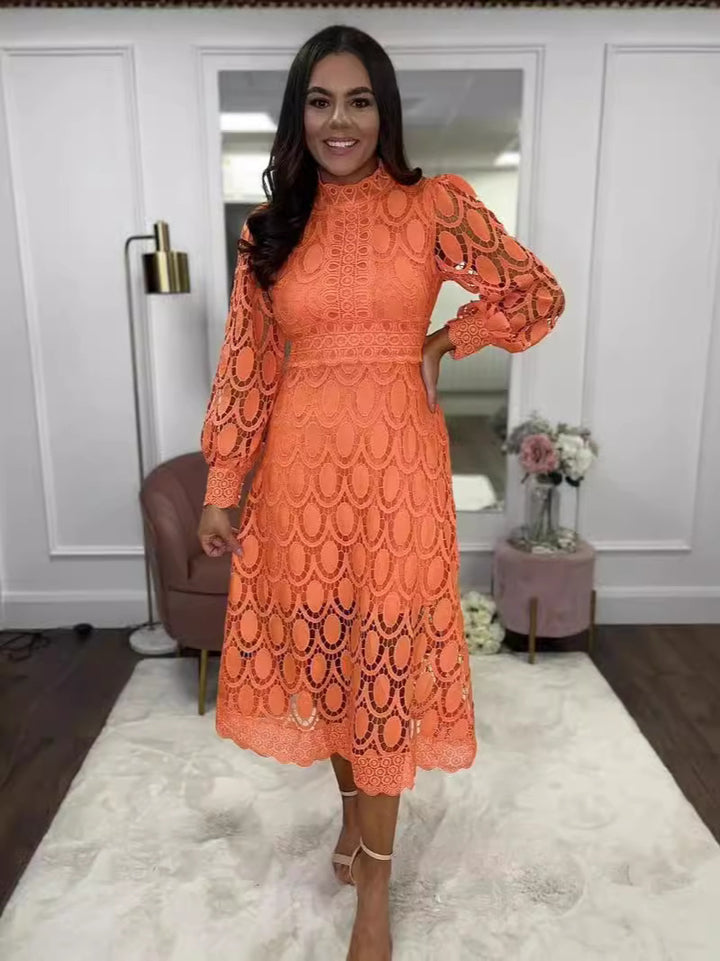 Women's crocheted midi dress with stand-up collar, transparent lace sleeves, and fitted A-line Mune Fashion