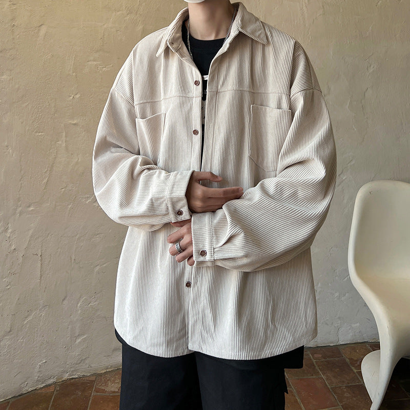 Men's oversized cord shirt jacket with stitched breast pockets, rounded hem, and loose silhouette Mune Fashion
