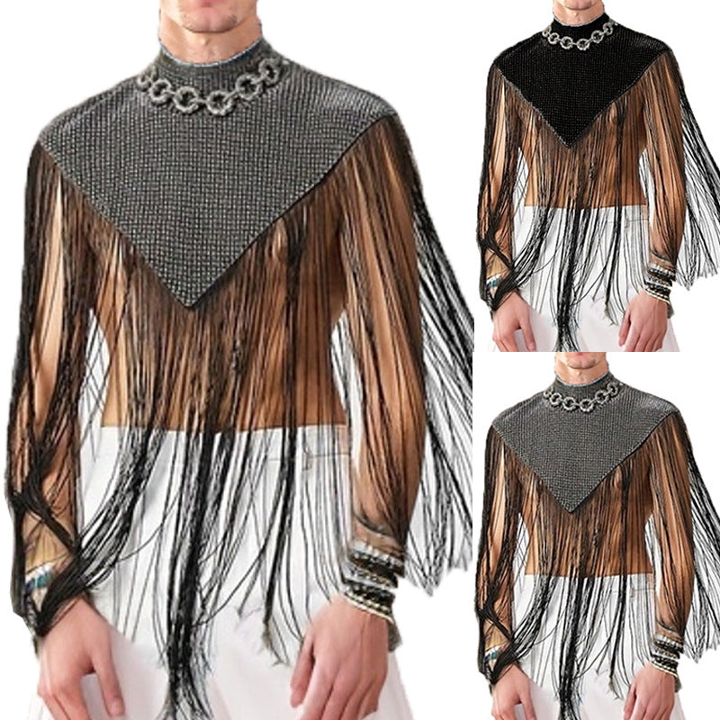 Ladies long fringed cape with turtleneck and V-shaped insert Mune Fashion