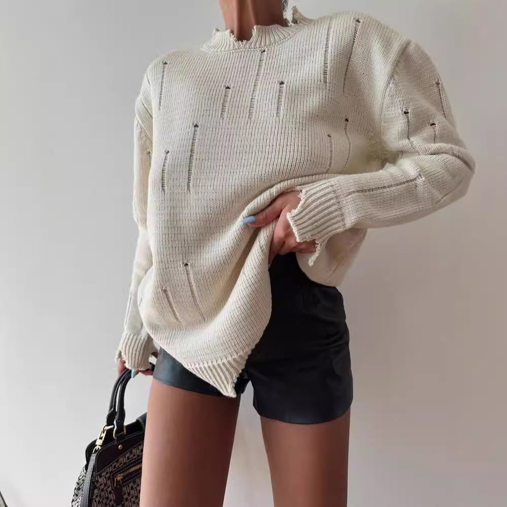 Women Oversized Chunky Knit Sweater with Distressed Details and Ribbed Hem Mune Fashion