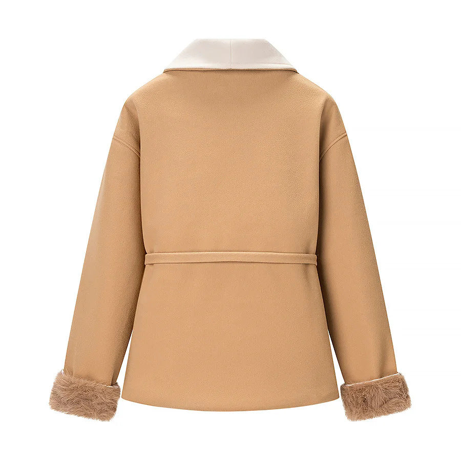 Ladies tailored short jacket with generous shawl collar, tie belt, and faux fur cuffs Mune Fashion
