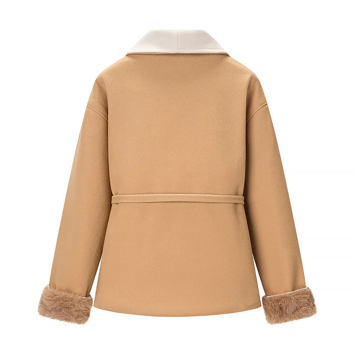 Ladies tailored short jacket with generous shawl collar, tie belt, and faux fur cuffs Mune Fashion
