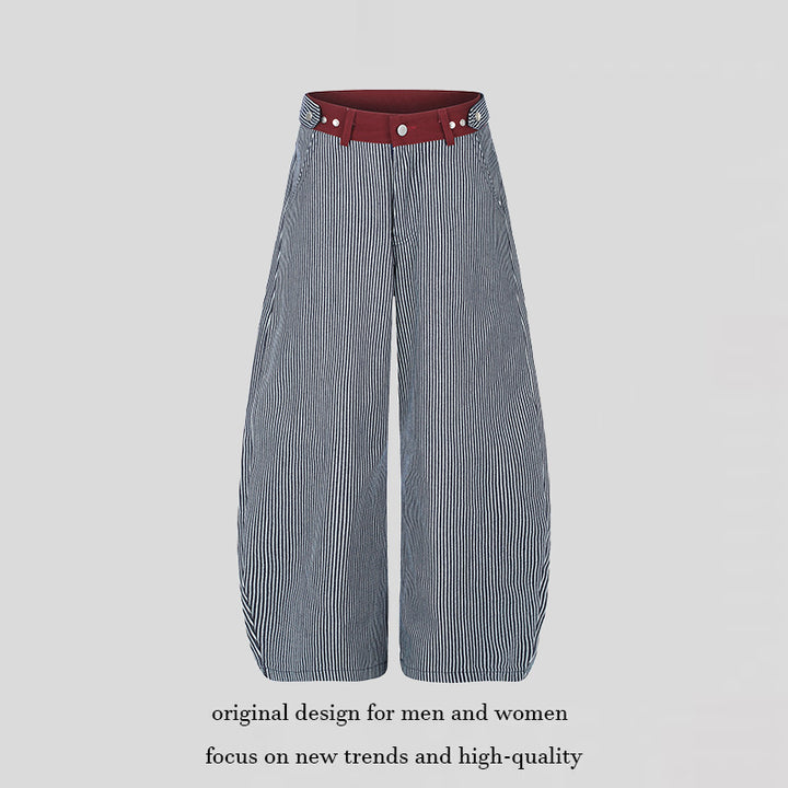Women's Wide High-Waist Palazzo Culotte with Maritime Pinstripes and Contrasting Waist Detail Mune Fashion