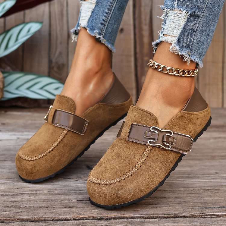 Damen Mokassin-Slipper aus Veloursleder mit dekorativer Metall-Schnalle Mune Fashion