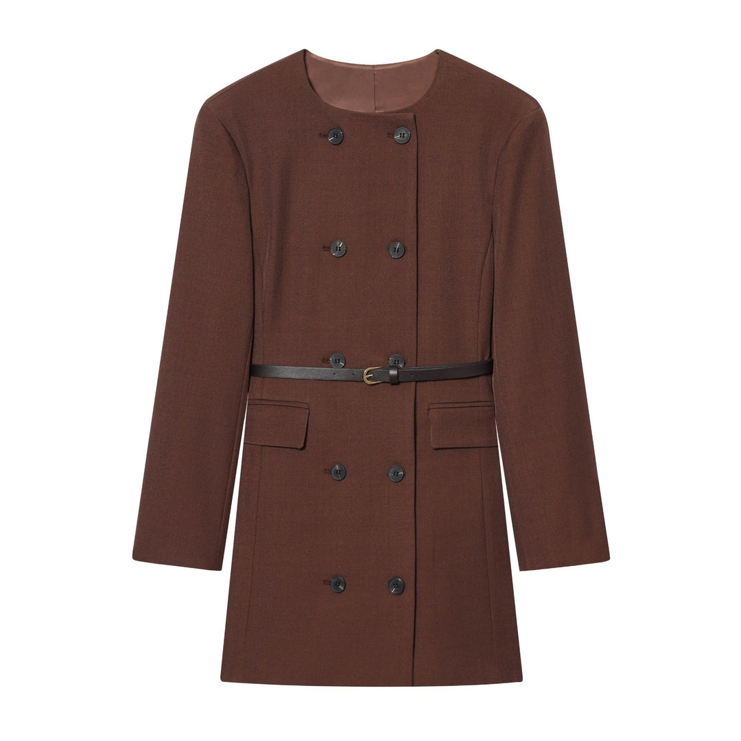 Women's fitted double-breasted coat with round neckline and narrow leather tie belt Mune Fashion