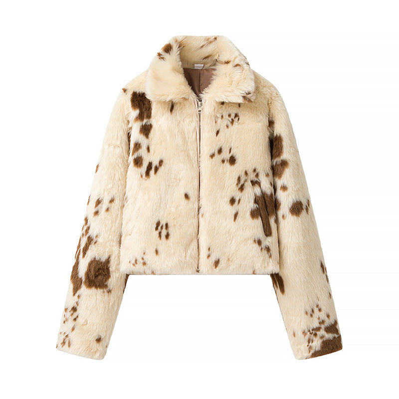 Women's short faux fur jacket in spotted look with lapel collar and full zip Mune Fashion