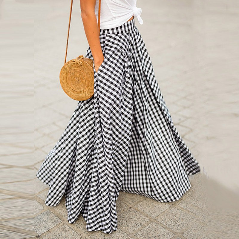 Women’s flared maxi skirt with gingham check, high waistband, and side pockets Mune Fashion
