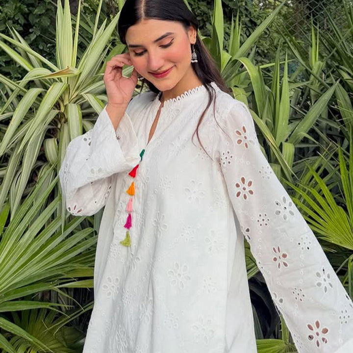 Women Loose Tunic Set with Broderie Anglaise and Wide Harem Pants Mune Fashion