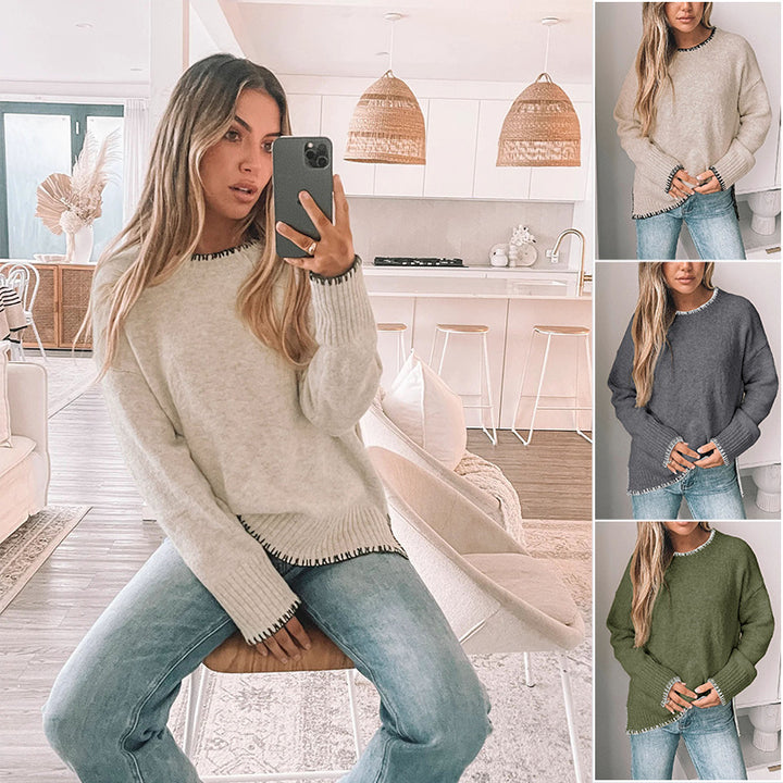 Women's Oversized Knit Sweater with Decorative Stitching, Ribbed Cuffs and Round Neckline