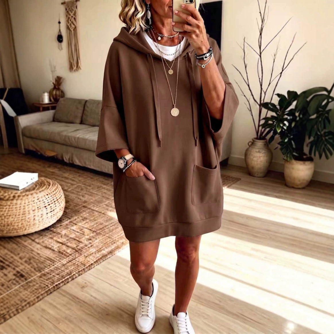 Women's Oversize Hoodie Dress with Kangaroo Pockets and Half-Length Sleeves Mune Fashion