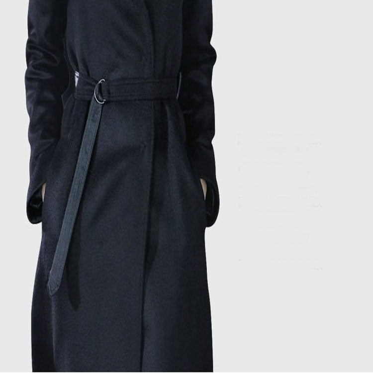 Women’s maxi long tailored wrap long coat with shawl collar and fine tie belt Mune Fashion