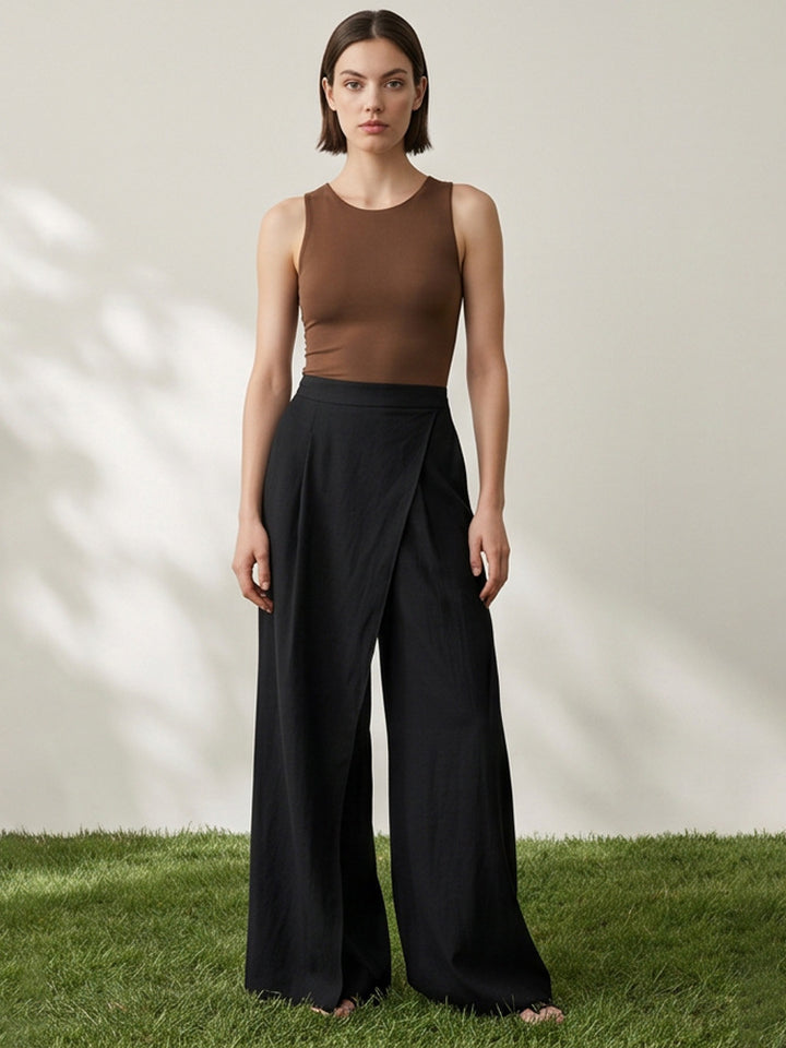 Women's High-Waist Wrap Palazzo Pants with Wide Leg and Flowing Linen Look Mune Fashion