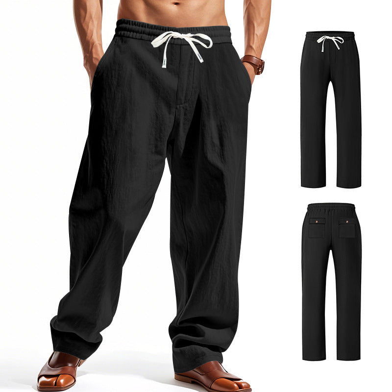 Men's wide comfort trousers in linen blend with elastic drawstring, straight leg, and patch back pockets Mune Fashion