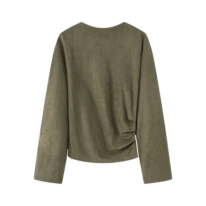 Women's oversized long sleeve shirt with side draping and velvety suede look Mune Fashion