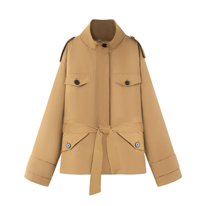 Women's Short Utility Jacket with Waist Belt and Shoulder Flaps Mune Fashion
