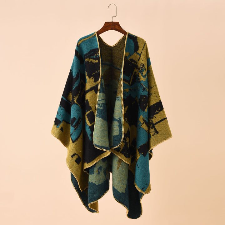 Women's oversized wrap robe made of wool blend with abstract jacquard and decorative stitch edge Mune Fashion