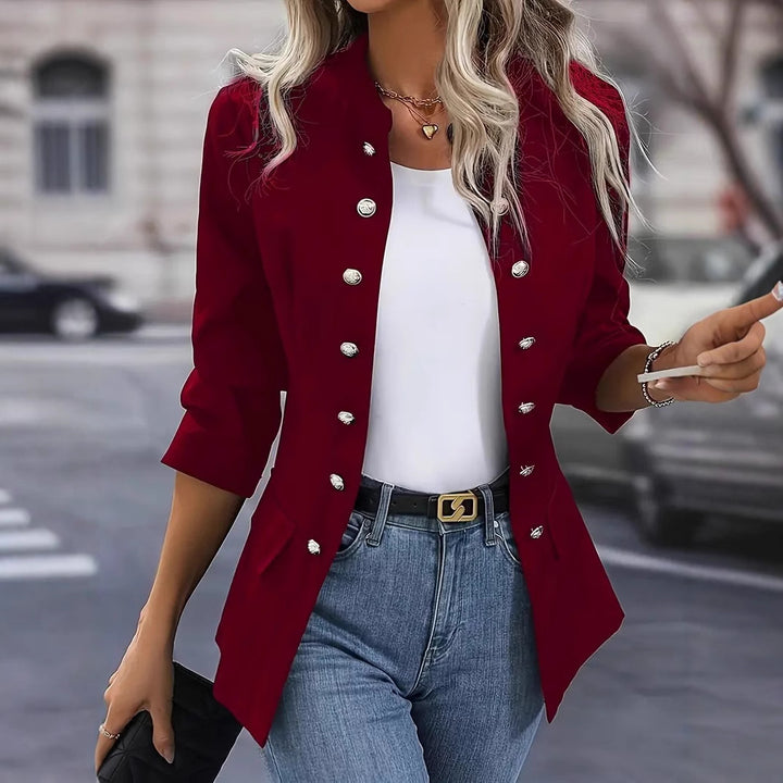 Ladies nan tailored long blazer with standing collar, decorative metal button strip and 3/4 sleeves Mune Fashion