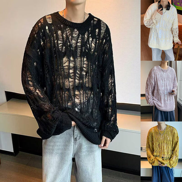 Men's Casual Knit Sweater with Hole Pattern Mune Fashion