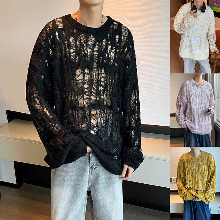 Men's Casual Knit Sweater with Hole Pattern Mune Fashion