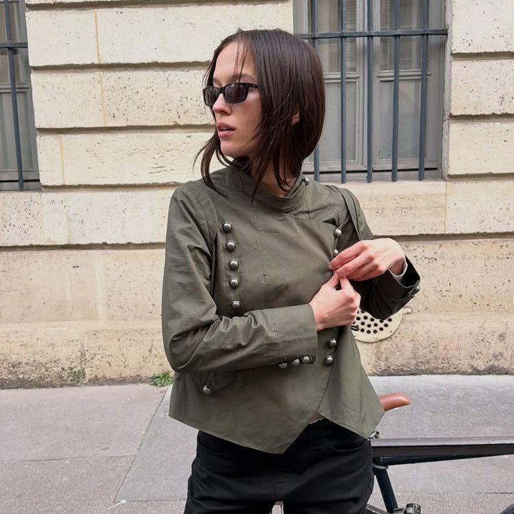 Women's Military-Inspired Short Jacket with Stand-Up Collar and Decorative Button Placket Mune Fashion