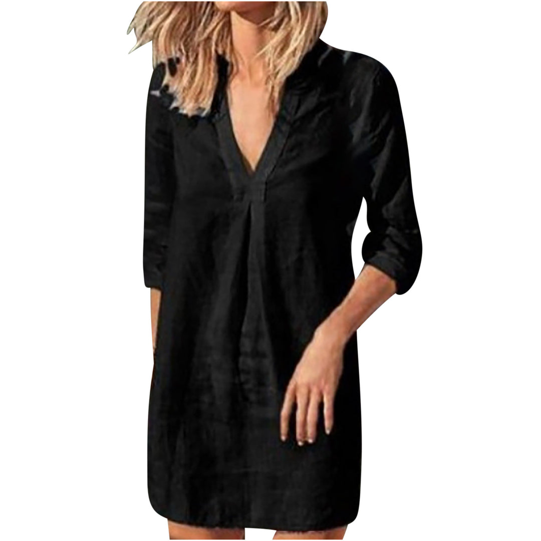 Women's linen tunic dress with V-neck knee-length loose A-line Mune Fashion