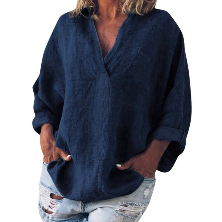 Women's Loose Linen Tunic with V-Neck and Roll-Up Sleeves Mune Fashion