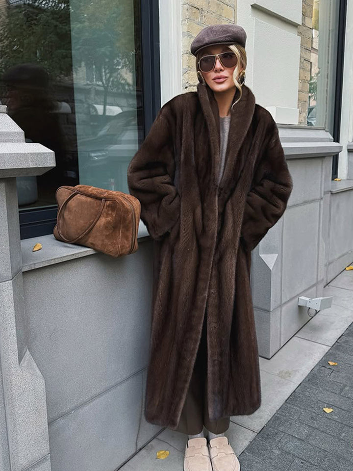 Women Long Faux Fur Coat with Stand-Up Collar and Oversized Fit Mune Fashion