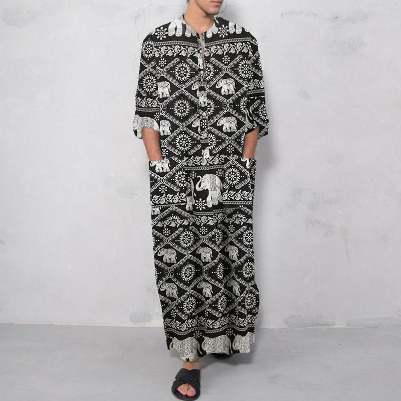 Men's ankle-length striped linen blend kaftan with stand-up collar and patch waist pockets Mune Fashion