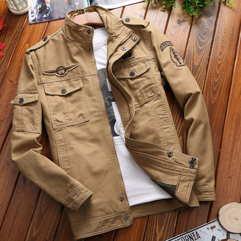 Men's nan canvas pilot jacket with shoulder patches, flap pockets, and reinforced front section Mune Fashion