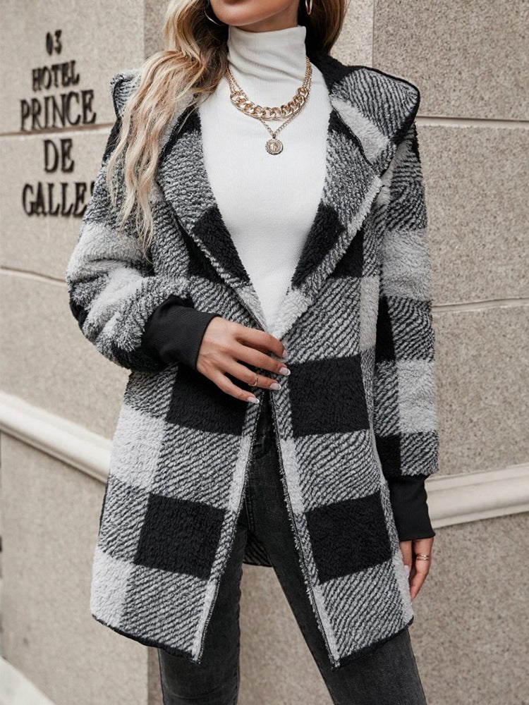 Women's checked teddy coat with large lapel collar and ribbed cuffs Mune Fashion