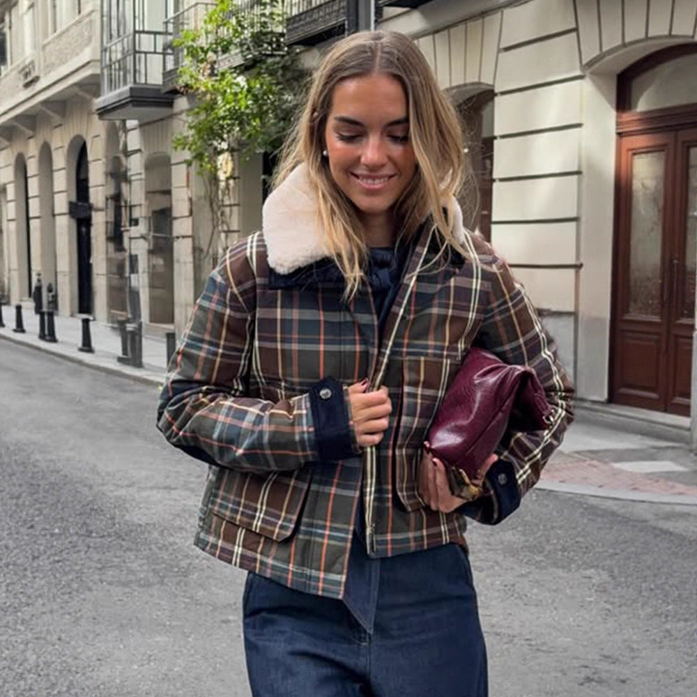 Women's Short Blouson in Check Pattern with Padded Lining and Teddy Collar Mune Fashion