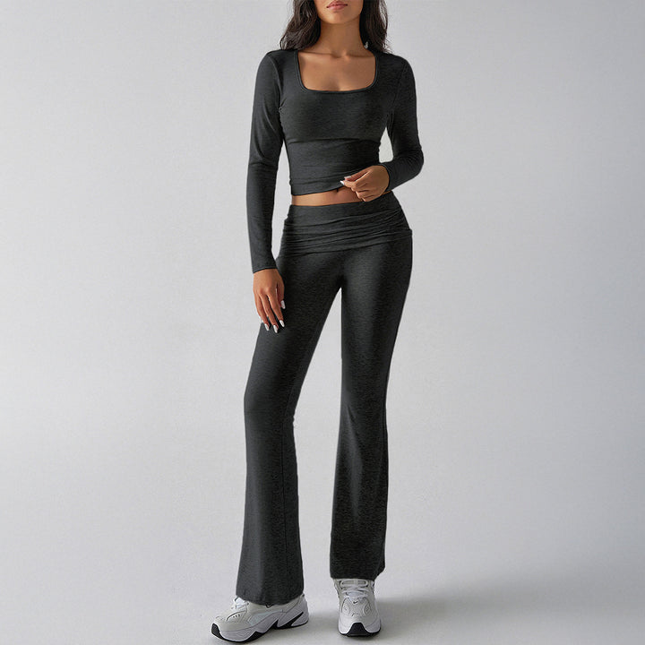 Women's figure-hugging cropped set with long-sleeve top with square neckline and flared high-waist yoga pants Mune Fashion