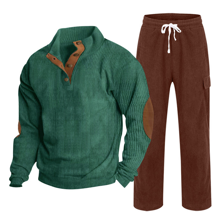 Men's Cozy Leisure Set made of Waffle Knit Henley with Elbow Patch and Relax Cargo Pants Mune Fashion