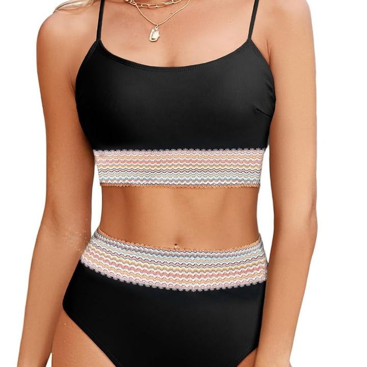 Women’s Sporty Bikini Set with High Waist and Colorful Wave Pattern Mune Fashion