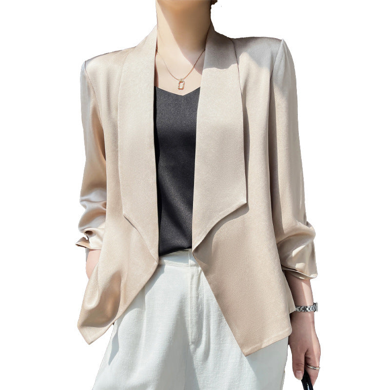 Women's shawl collar blazer with satin trim, open front and casual short fit Mune Fashion