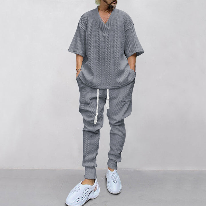 Men's casual knit set with V-neck and drawstring jogger pants Mune Fashion