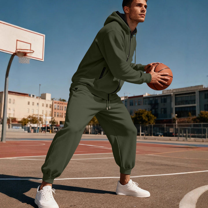 Men's hooded sweatshirt set with full zipper, kangaroo pocket, and tapered joggers with zip pockets Mune Fashion