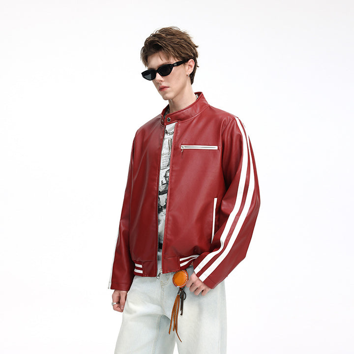 Men's Leather-like College Jacket with Contrast Stripes, Zipper Pockets, and Stand-up Collar Mune Fashion