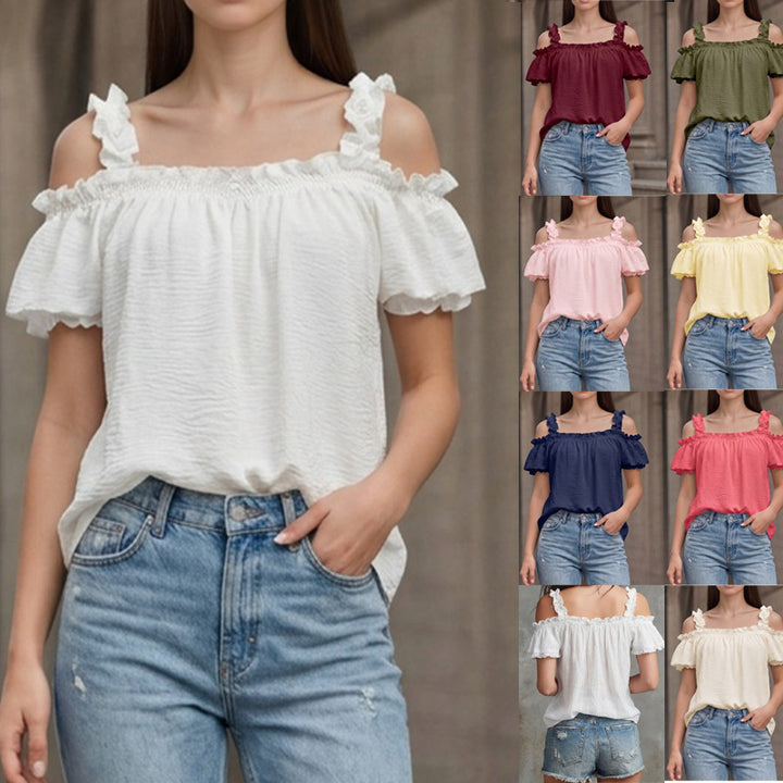 Women's Off-Shoulder Crinkle Top with Smocked Bandeau, Ruffled Straps and Wing Sleeves Mune Fashion