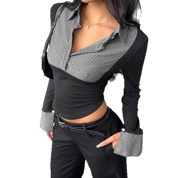 Women's Fitted Long Sleeve Shirt with Blouse Collar and Striped Cuffs Mune Fashion